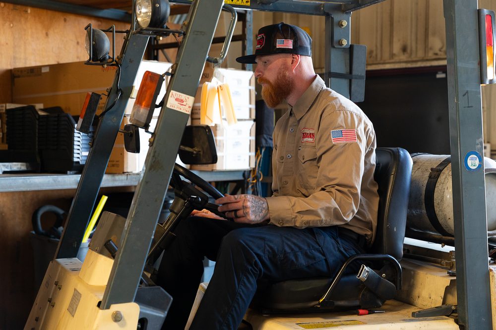 In-house warehouse staging, equipment logistics, and sheet-metal fabrication at Rea's Air Conditioning and Heating